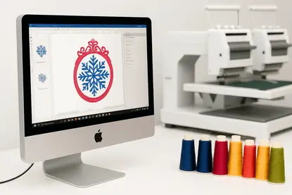 Professional embroidery digitizing workspace with computer showing design software and colorful thread spools