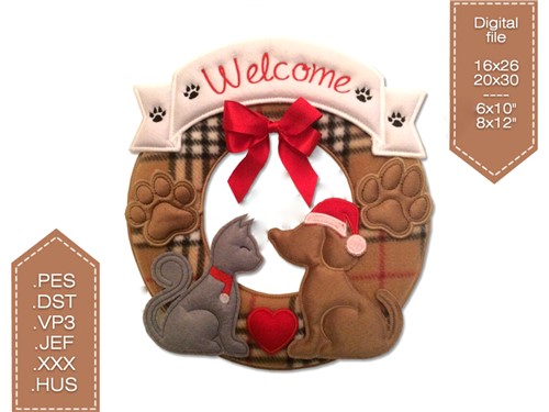 ITH Dog & Cat Wreath Embroidery Design
