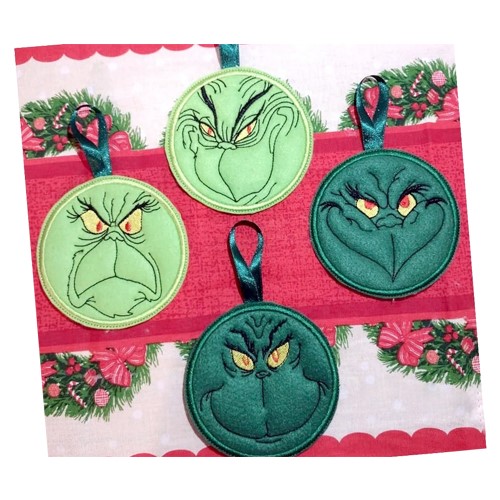 In The Hoop Embroidery Design of a Grinch Ornament/Hanging