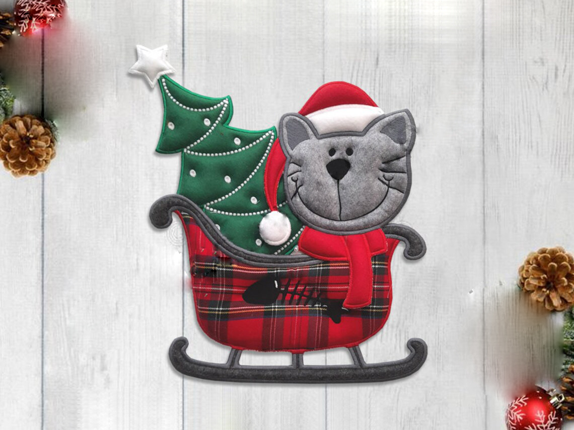 In The Hoop Embroidery Cat with Christmas tree on a Sled design