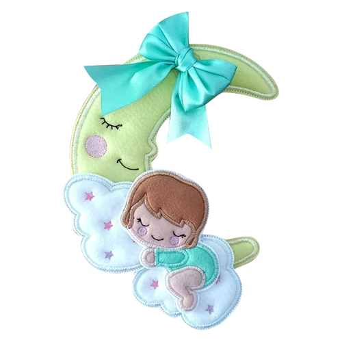 Dreamy Slumber: In-The-Hoop Embroidery Design of a Cute Baby Sleeping on the Moon with Clouds