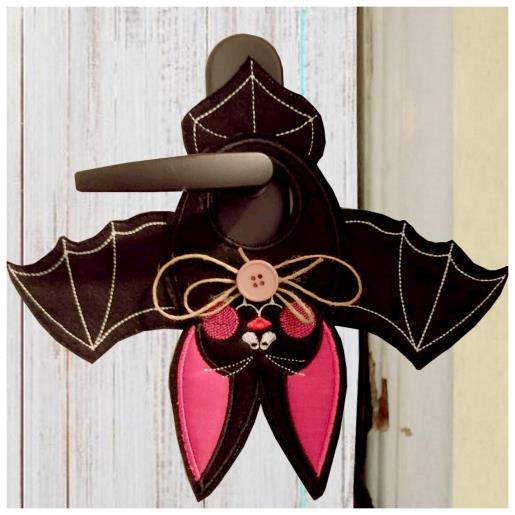 In-The-Hoop Embroidery Design of a Bat Hanging Upside Down as a Door Hanger