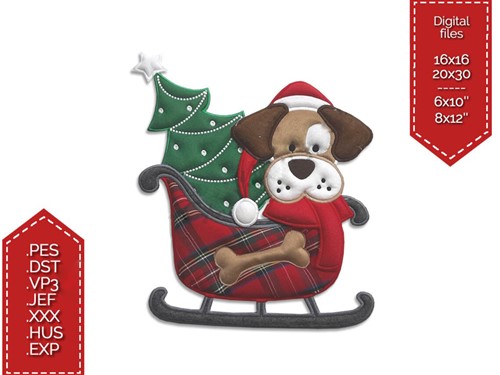 Paws & Presents: Embroidery Project of a Dog on Sled with Christmas Tree