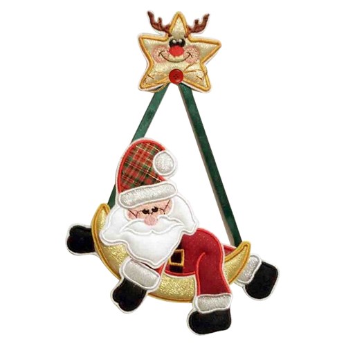 Santa's Night Sky: In-The-Hoop Embroidery Design of Santa Claus on a Moon and Reindeer as a Star