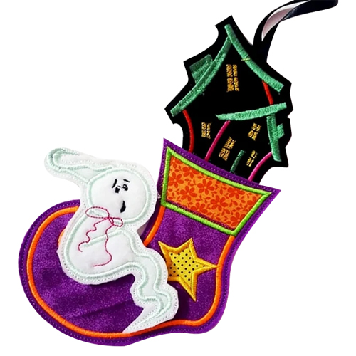Spooky Soles: In-The-Hoop Embroidery Design of a Halloween Boot with Ghost and Haunted House
