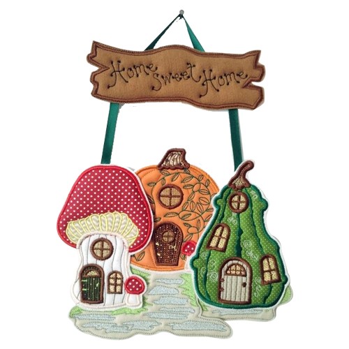 Cozy Welcome: In-The-Hoop Embroidery Design of 'Home Sweet Home' Banner with Mushrooms and Pumpkin