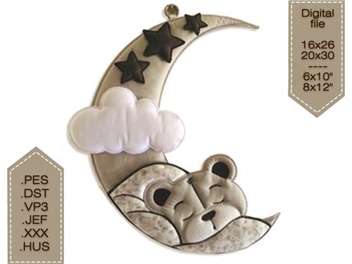 Sweet Dreams Teddy: In-The-Hoop Embroidery Design of Bear Sleeping on the Moon with Clouds and Stars