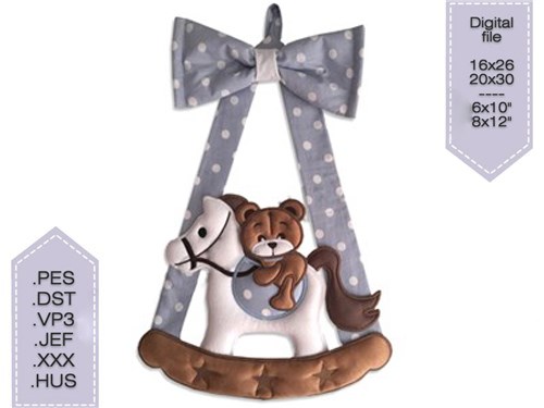 Rocking Horse Joy: In-The-Hoop Embroidery Design of a Teddy Bear Riding a Cute Rocking Horse
