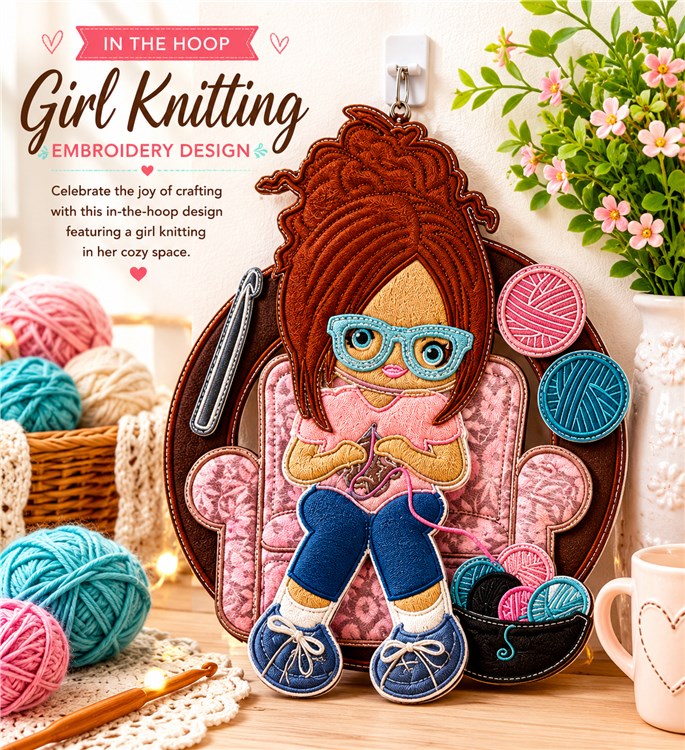 Crafting Bliss: In-The-Hoop Embroidery Design of a Girl Knitting
