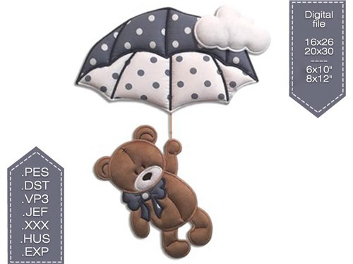 Bear's Aerial Adventure: ITH Embroidery Project of a Parachuting Bear with an Umbrella