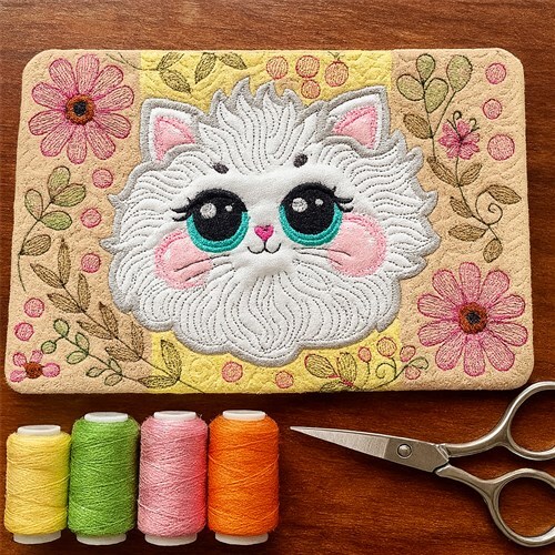 Fluffy Cat ITH Embroidery Mug Rug