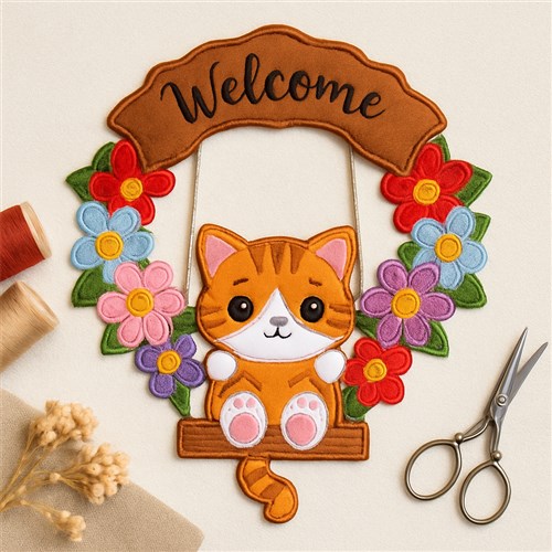 ITH Welcome Cat Floral Door Hanger