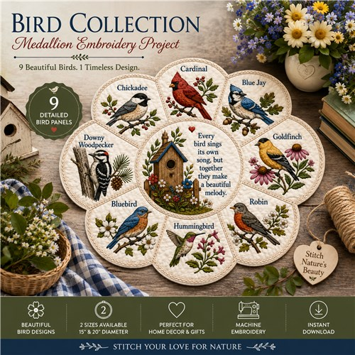 Bird Collection Medallion Embroidery Quilt