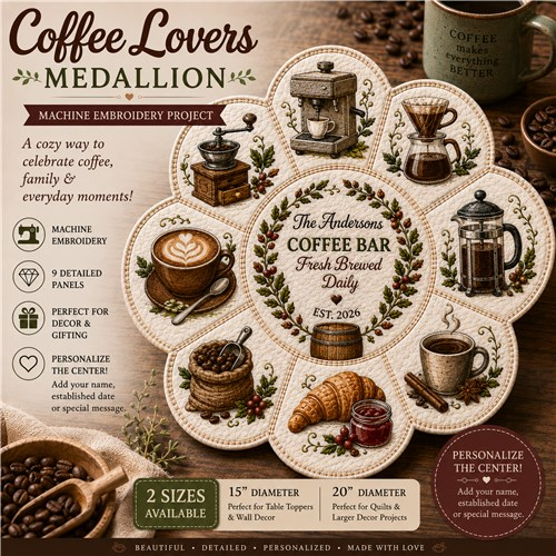 Coffee Lovers Medallion Embroidery Quilt