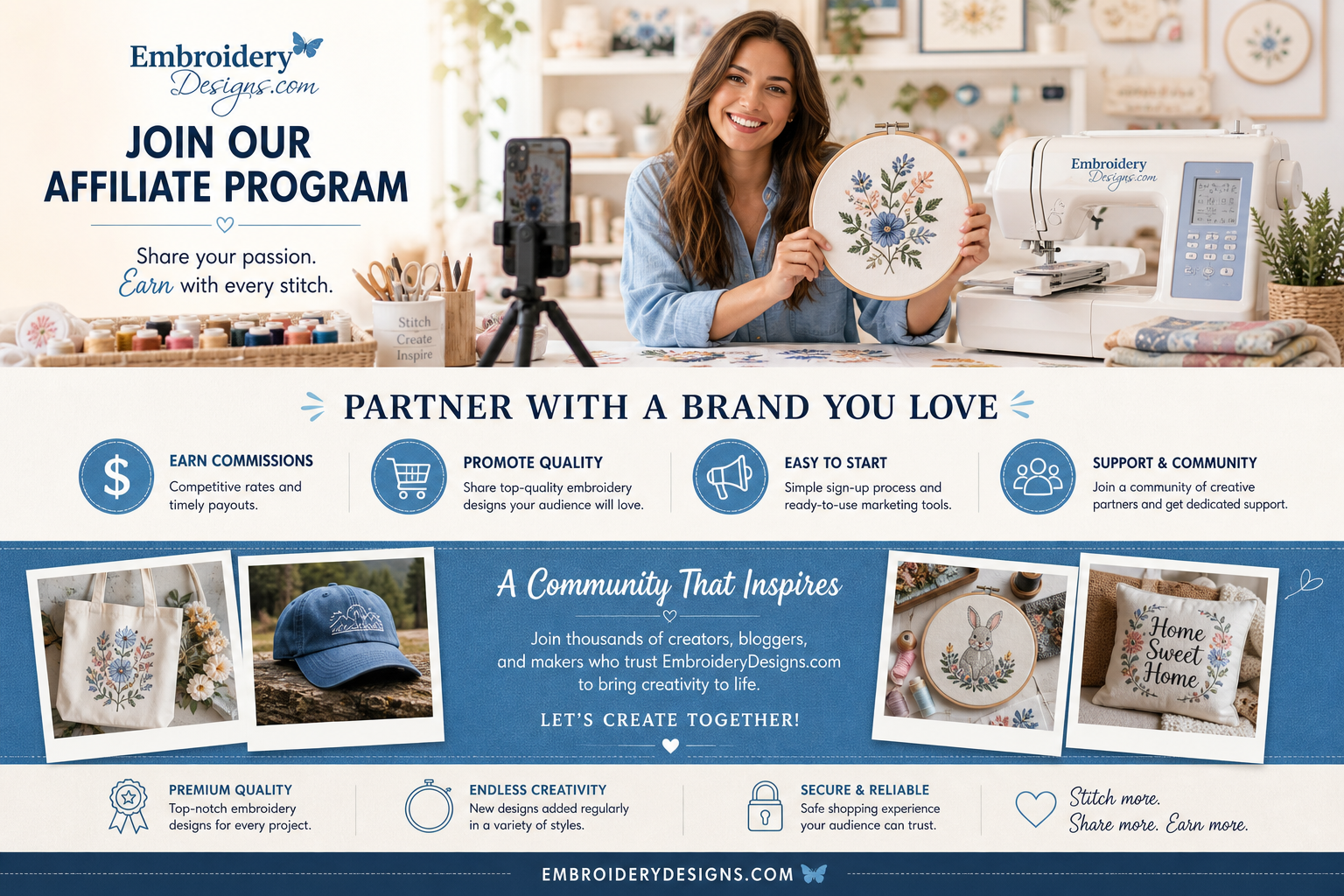 EmbroideryDesigns.com affiliate program — partner with us, earn commissions, and join our embroidery creator community