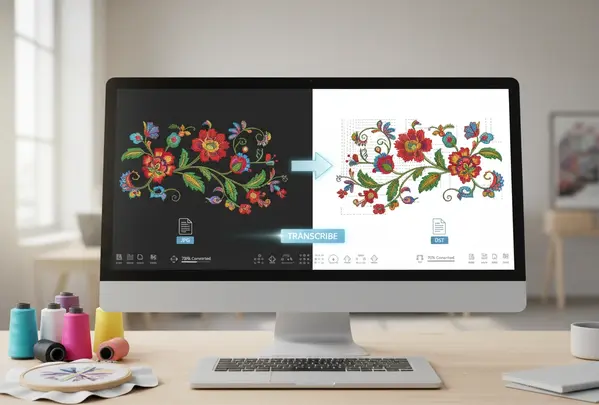 Professional embroidery digitizing workspace with computer showing design software and colorful thread spools