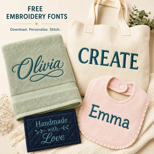 Free machine embroidery fonts shown as stitched name and monogram samples