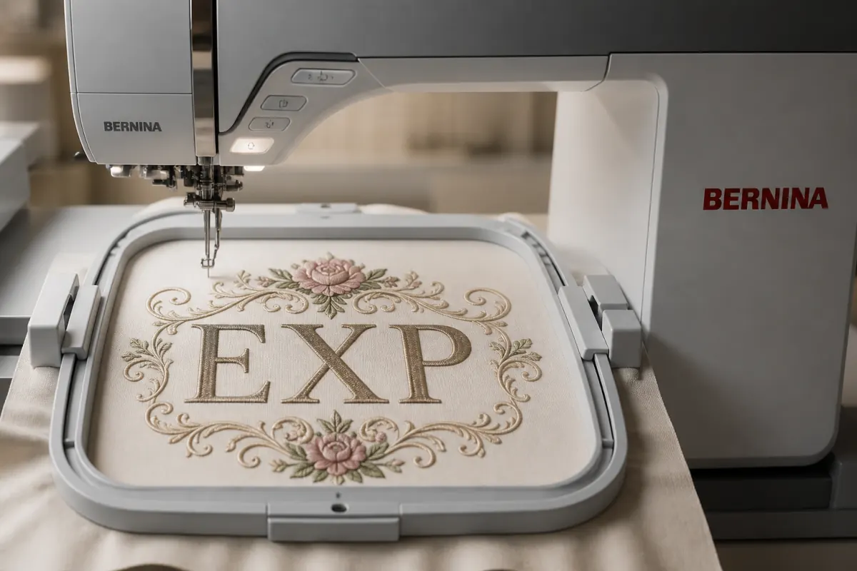 Bernina machine stitching EXP letters surrounded by decorative embroidery ornaments