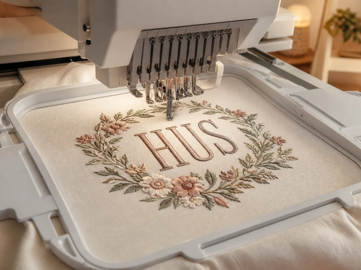 Embroidery machine stitching HUS letters in a rectangular machine hoop