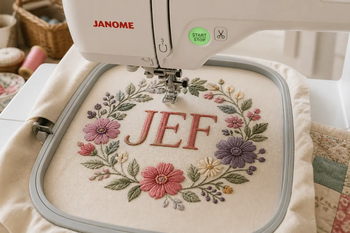 Janome machine stitching JEF letters surrounded by floral embroidery designs