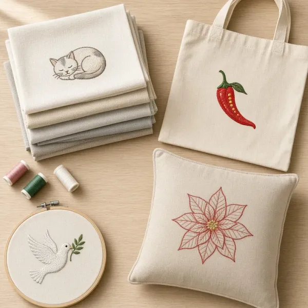 Toy Box starter bundle designs stitched on towels, a tote bag and a cushion